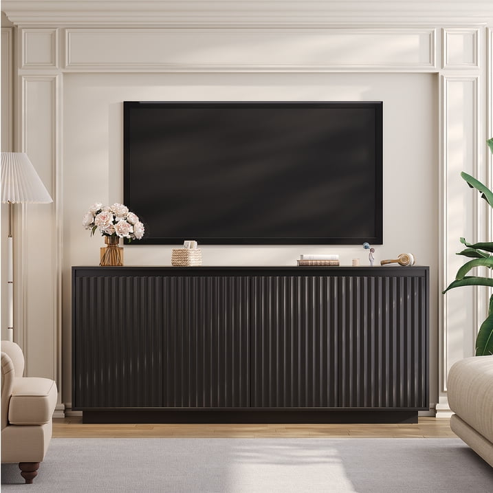 Aufeile 62" Long Sideboard Buffet Cabinet, Fluted Storage Cabinet with Adjustable Shelves for Kitchen Dining Living Room, Black