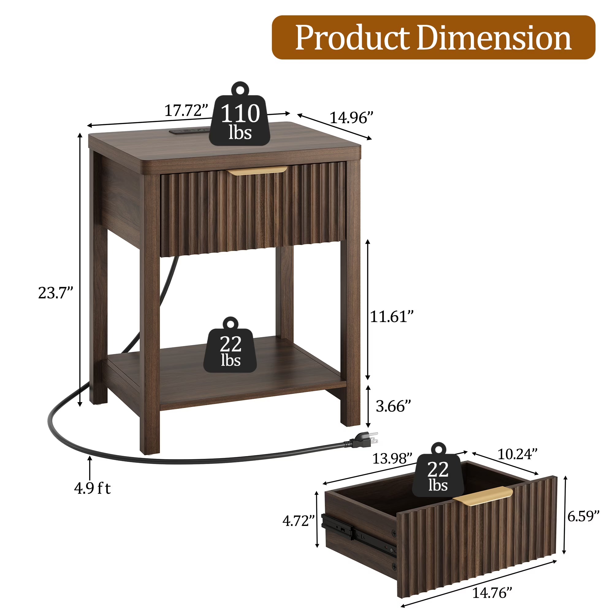 Aufeile Fluted Side Table with Charging Station