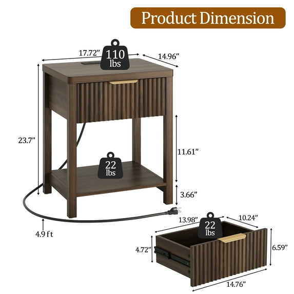 Aufeile Fluted Nightstand with Charging Station, Modern Bedside Table with Drawer & Open Shelf, End Table with 2 AC Outlets, USB & Type-C Ports for Bedroom or Living Room, Walnut