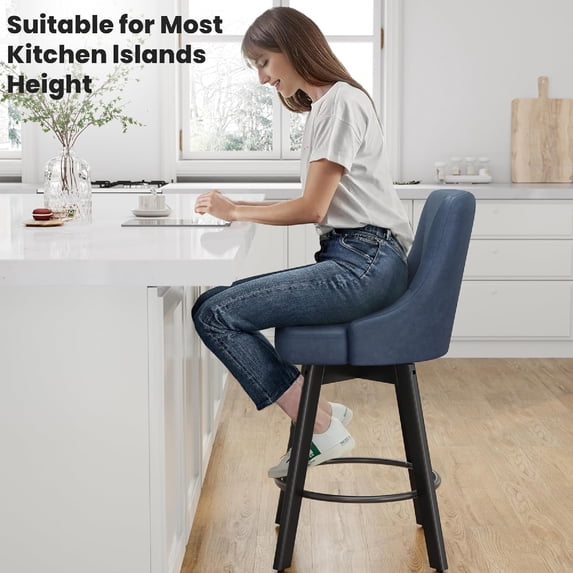 Aufeile Modern Swivel Bar Stools, 24" Counter Height Kitchen Island Chairs with Back, PU Leather Upholstered Barstools, Blue Set of 3