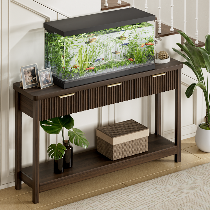 Aufeile 51" Entryway Table, Fluted Console Table with 3 Storage Drawers and Open Shelf, Narrow Sofa Couch Table for Living Room Hallway Entrance Foyer, Walnut