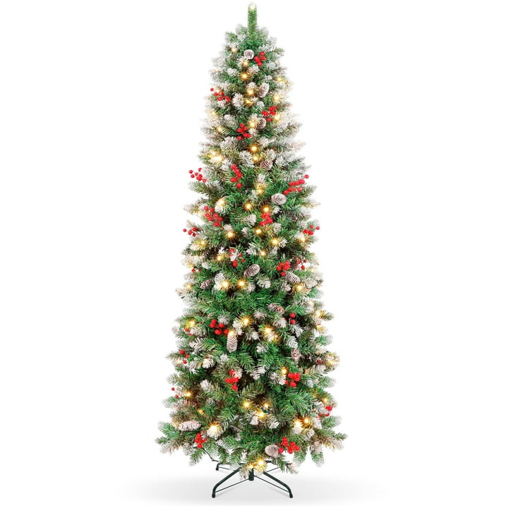 Aufelie 6FT Pre-lit Pencil Christmas Tree, Artificial Green Xmas Trees with 600 Hinged Branch & 200 LED Lights, Slim Christmas Tree with 40 Pine Cones & 280 Red Berries for Holiday Decoration