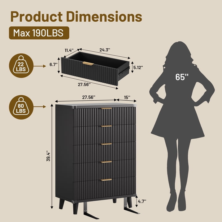 Aufeile 4 Piece Boho Dresser Set for Bedroom, 6 Drawer Dresser, 5 Drawer Tall Dresser & 2 Nightstands with 3 Drawers & USB Charging, Fluted Wood Bedroom Furniture Set, Black