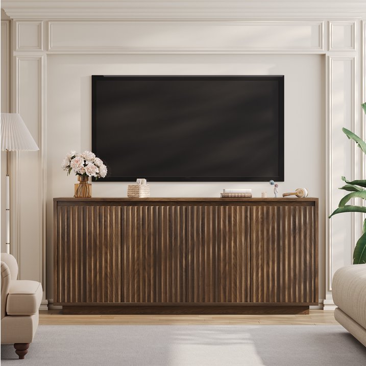 Aufeile 62" Long Sideboard Buffet Cabinet, Fluted Storage Cabinet with Adjustable Shelves for Kitchen Dining Living Room, Walnut