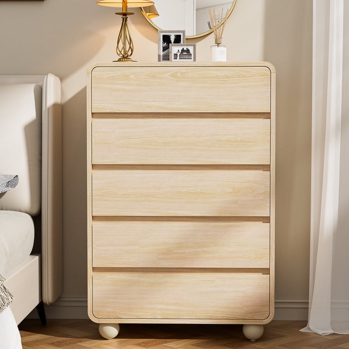Aufeile 41" Tall Dresser for Bedroom, 5 Drawer Wood Dresser with Curved Profile, Modern Vertical Chest of Drawers, Slim Storage Dresser for Bedroom, Living Room & Entryway, Natural