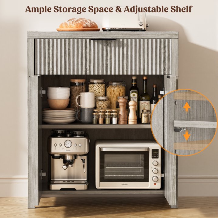 Aufeile 85" W Sideboard Buffet Cabinet with Storage Drawers, Set of 3 Fluted Accent Cabinet with Adjustable Shelves, Modular Storage Cabinet for Dining Room, Kitchen, Living Room, White Oak