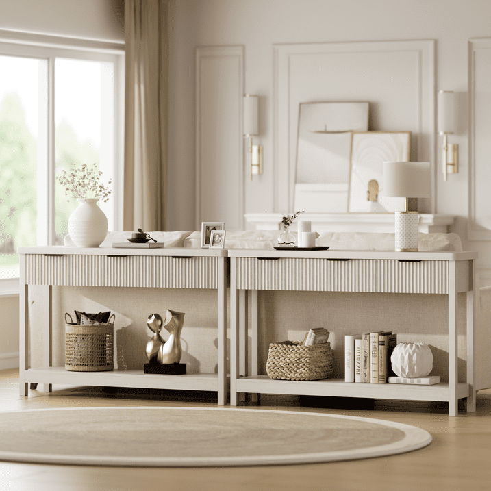 Aufeile 51" Console Table for Entryway, Fluted Entryway Table with 3 Storage Drawers and Open Shelf, Narrow Couch Sofa Table for Living Room Hallway Entrance Foyer, White Oak
