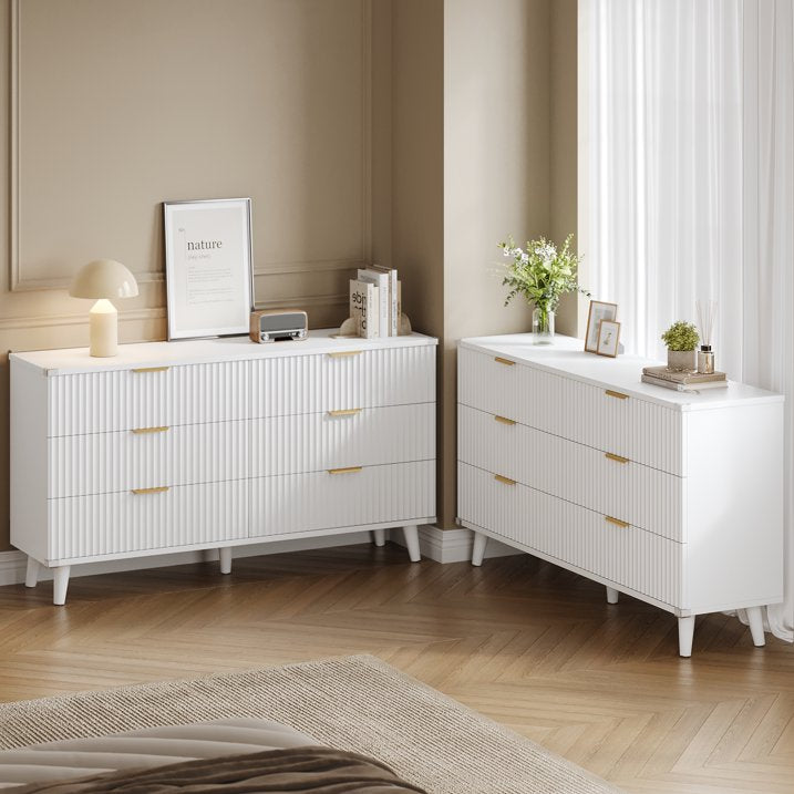 Aufeile Dresser for Bedroom, 53" 6 Drawer Dresser & Chest of Drawers with Fluted Design, Wood Dresser for Adults, Long Bedroom Dresser & Storage Organizer, White
