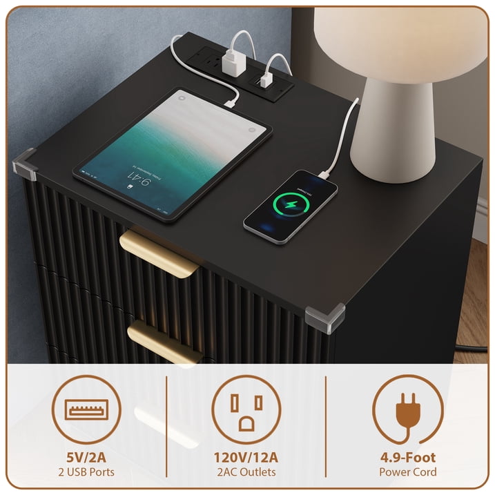 Aufeile 4 Piece Boho Dresser Set for Bedroom, 6 Drawer Dresser, 5 Drawer Tall Dresser & 2 Nightstands with 3 Drawers & USB Charging, Fluted Wood Bedroom Furniture Set, Black