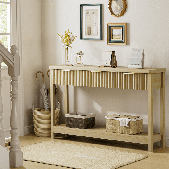 Aufeile 51" Entryway Table, Fluted Console Table with 3 Storage Drawers and Open Shelf, Narrow Couch Sofa Table for Living Room Hallway Entrance Foyer, Natural Oak