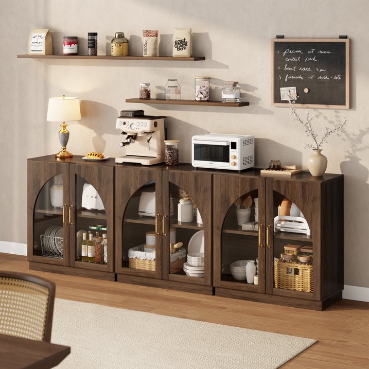 Aufeile Buffet Sideboard Cabinet, Arched Glass Door Storage Accent Cabinet with Adjustable Shelf for Kitchen Dining Living Room, Walnut Set of 2