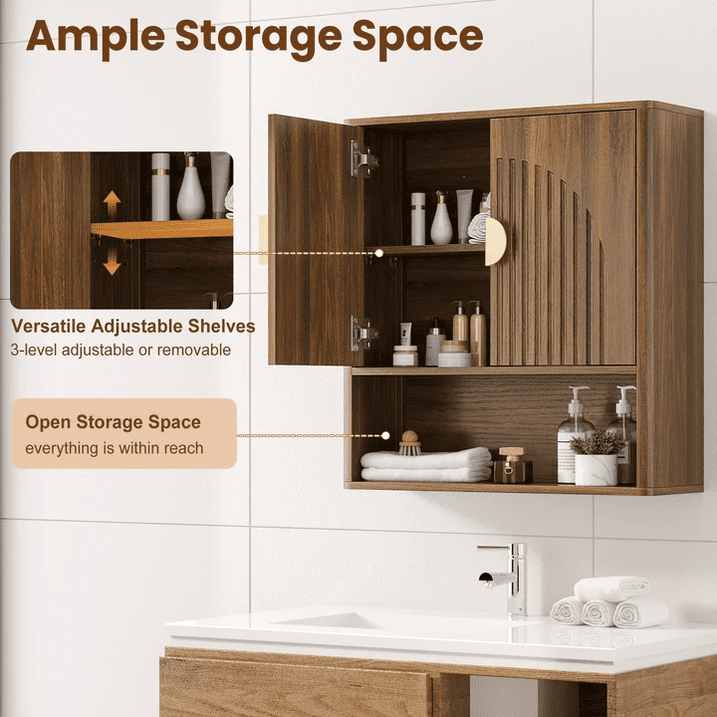 Aufeile Bathroom Medicine Cabinet with Arched Door, Wall Mounted Over The Toilet Storage Cabinet with Adjustable Shelf & Open Shelf for Bathroom, Laundry, Living Room, Kitchen, Walnut Set of 2