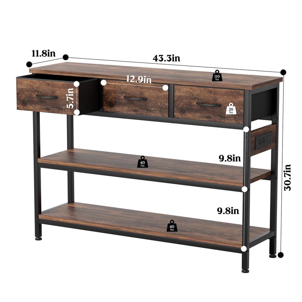 Aufeile 43" Narrow Console Table, Entryway Table with 3 Drawers and Outlets, Fabirc Sofa Table with Open Shelves for Couch, Hallway, Foyer, Living Room, Brown
