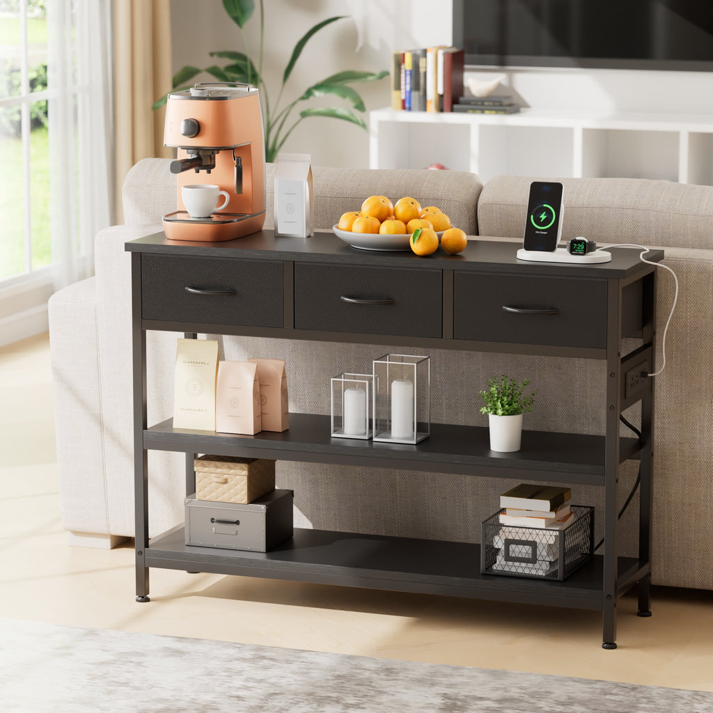 Aufeile 43" Narrow Console Table, Entryway Table with 3 Drawers and Outlets, Fabirc Sofa Table with Open Shelves for Couch, Hallway, Foyer, Living Room, Black