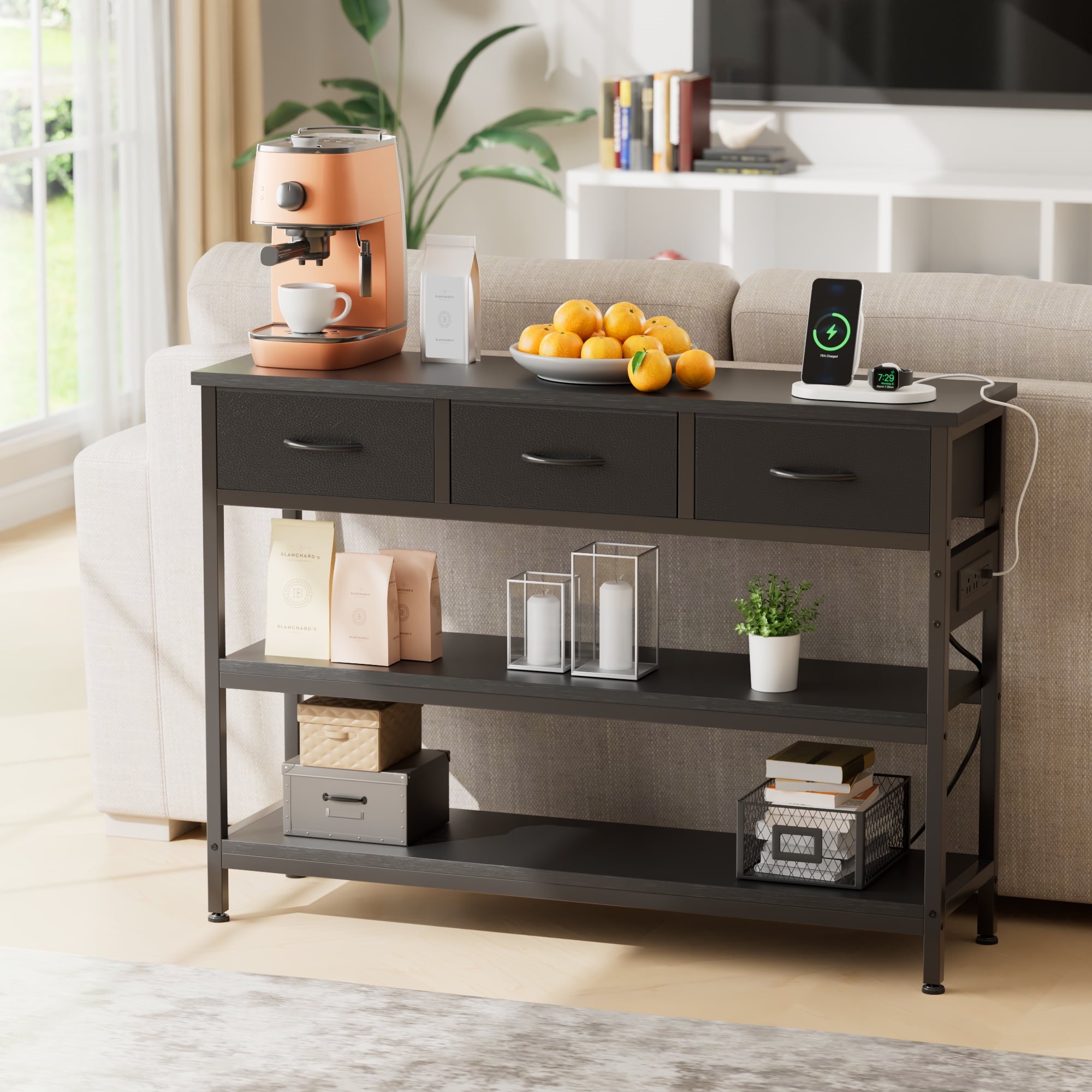 Aufeile 43" Narrow Console Table, Entryway Table with 3 Drawers and Outlets, Fabirc Sofa Table with Open Shelves for Couch, Hallway, Foyer, Living Room, Black