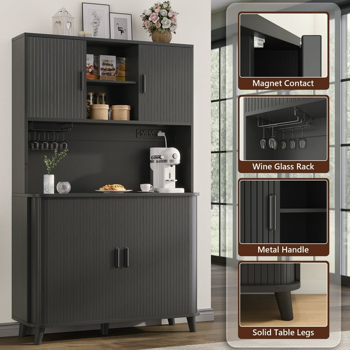 Aufeile 71" Kitchen Pantry Storage Cabinet with Charging Station, Coffee Bar Station with Tambour Sliding Door, 39" W Large Hutch with Adjustable Shelves for Kitchen, Dining Living Room, Black