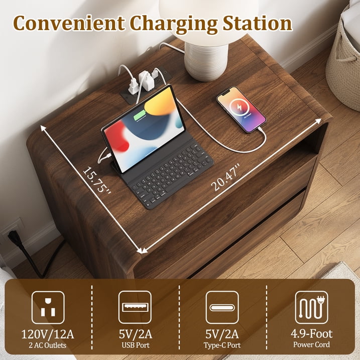 Aufeile Nightstand for Bedroom with Charging Station, 23.6" Wide Bedside Table with 2 Drawers & Open Shelf, Curved Wood Night Stand with USB & Type-C for Bedroom or Living Room, Walnut