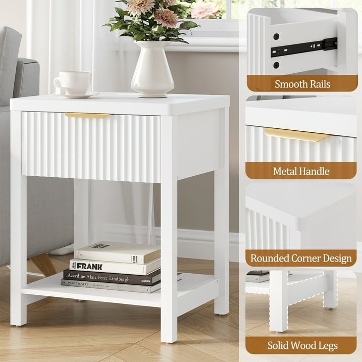 Aufeile Nightstand for Bedroom Set of 2 with Charging Station, Modern Side Table with Drawer & Open Shelf, Fluted End Table with 2 AC Outlets, USB & Type-C, White