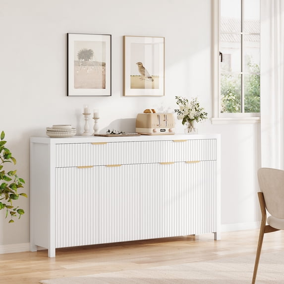 Aufeile Fluted Buffet Cabinet with 2 Drawers, 55L Large Sideboard Credenza with Adjustable Shelf for Dining Room Storage Cabinet, Kitchen Pantry Organizer, Coffee Bar Station, White
