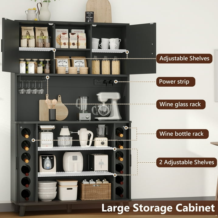 Aufeile 71" Kitchen Pantry Storage Cabinet with Charging Station, Coffee Bar Station with Tambour Sliding Door, 39" W Large Hutch with Adjustable Shelves for Kitchen, Dining Living Room, Black