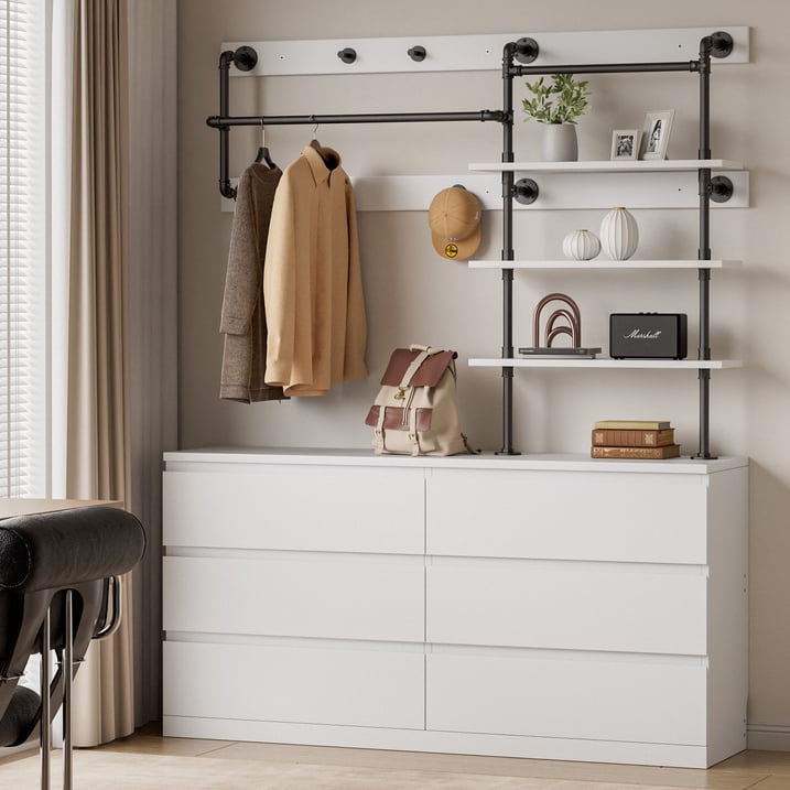 Aufeile 6 Drawer Dresser for Bedroom, 77" Tall Chest of Drawers with Hanging Rack, Industrial Wood Bedroom Dresser, Large Drawer Dresser Closet Organizer for Adults, White
