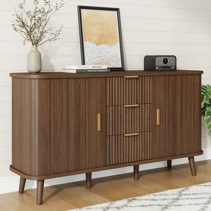 Aufeile Sideboard Buffet Cabinet, 55" Storage Cabinet with 3 Drawers and Adjustable Shelves, Modern Accent Cabinet for Kitchen, Dining Living Room, Entryway, Hallway, Walnut