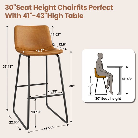 Aufeile 30" Counter Height Bar Stools Set of 3 – Modern Faux Leather Barstools with Back & Metal Legs, Kitchen Bar Chairs for Island, Dining Room, Whiskey Brown