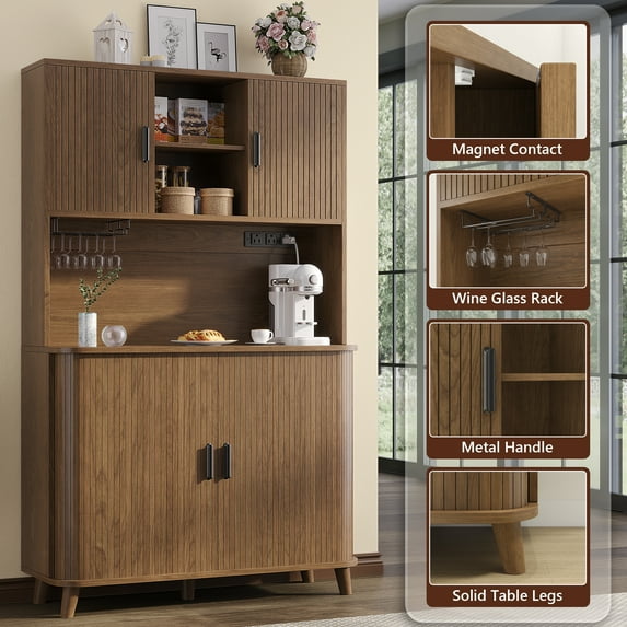 Aufeile Pantry, 71" Tall Kitchen Pantry Cabinet with Charging Station, Pantry Storage Cabinet with Countertop and Sliding Doors, 39" Wide Modern Kitchen Hutch for Dining Room, Living Room, Walnut