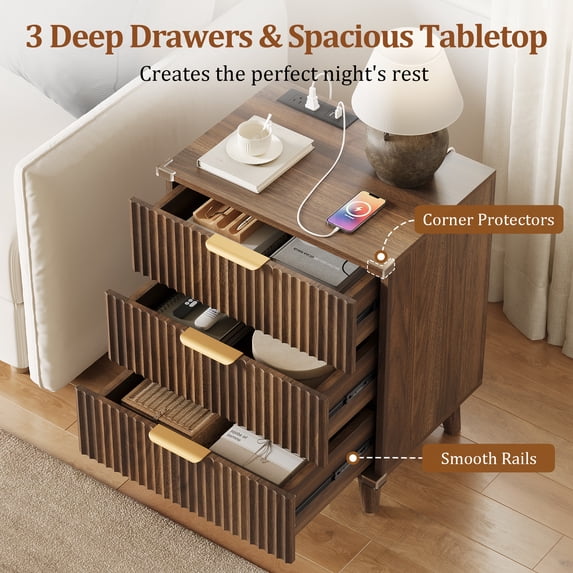 Aufeile Nightstand Set of 2 for Bedroom, Modern Fluted Nightstands with Charging Station, 3 Drawer Wood Bedside Table & End Tables for Bedroom, Living Room, Walnut