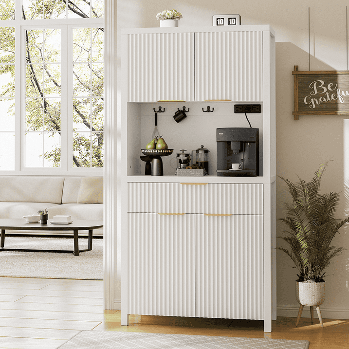 Aufeile 71" Tall Pantry Storage Cabinet with Drawer and Charging Station, Fluted Pantry Cabinet with Adjustable Shelves for Kitchen Dining Room Living Room, White