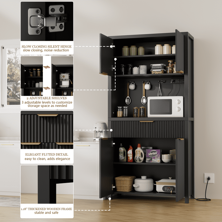 Aufeile Fluted Kitchen Pantry Storage Cabinet, 71" Tall Wood Pantry Hutch with 2 Adjustable Shelves & Drawer & Charging Station for Dining Room Hallway Living Room, Black