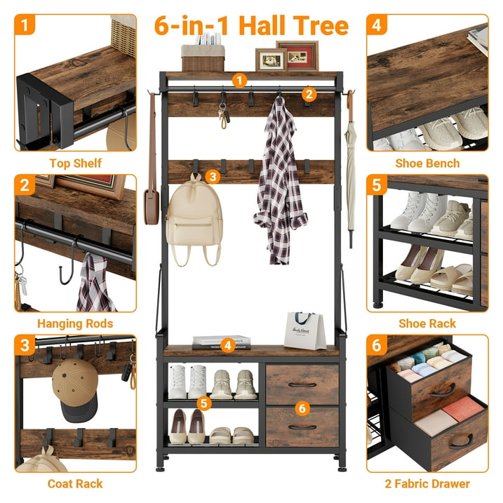 Aufeile Hall Tree with Bench, 6-in-1 Entryway Storage Organizer with Shoe Rack, 17 Hooks, 2 Drawers, Hanging Rod & Top Shelf, Industrial Coat Rack for Hallway, Living Room, Brown