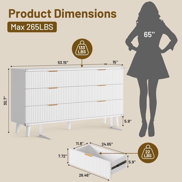 Aufeile 4 Piece Boho Dresser Set for Bedroom, 6 Drawer Dresser, 5 Drawer Tall Dresser & 2 Nightstands with 3 Drawers & USB Charging, Fluted Wood Bedroom Furniture Set, White