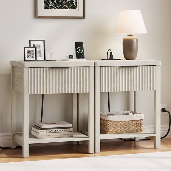 Aufeile Fluted Nightstand with Charging Station, Modern Bedside Table with Drawer & Open Shelf, End Table with 2 AC Outlets, USB & Type-C Ports for Bedroom or Living Room, White Oak