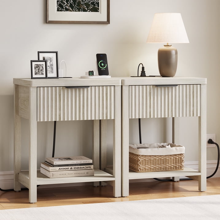 Aufeile 3 Piece Dresser and Nightstand Set for Bedroom, Boho 6 Drawer Dresser & 2 Nightstands with USB Charging, Fluted Wood Storage Cabine, Modern Bedroom Furniture Set, White Oak