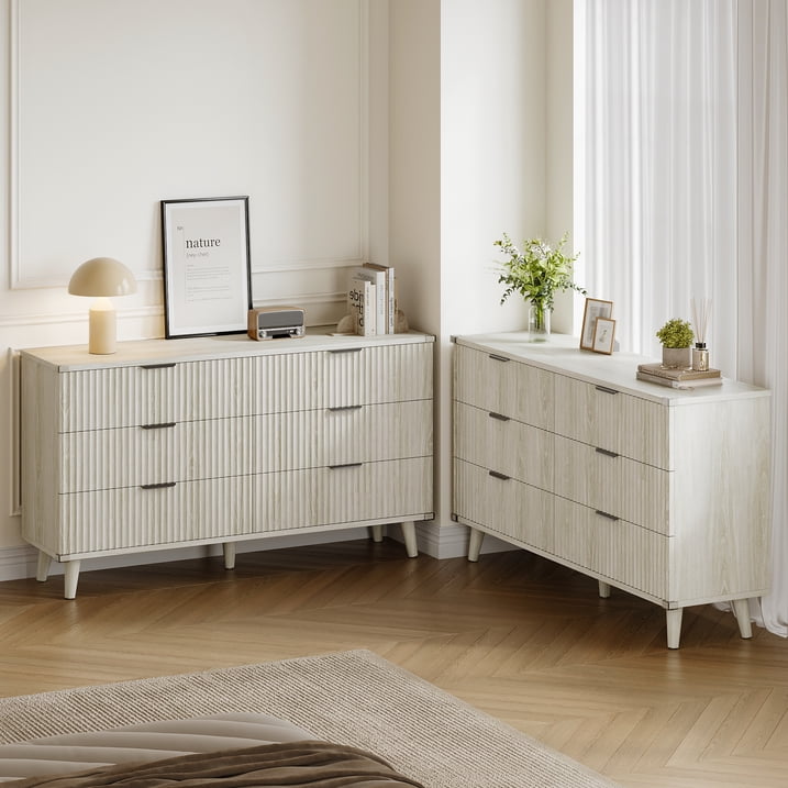 Aufeile 6 Drawer Dresser for Bedroom, 53" Modern Fluted Wood Dresser with Wave Panel Design, Wide Chest of Drawers Storage Organizer for Bedroom, Living Room or Entryway, White Oak