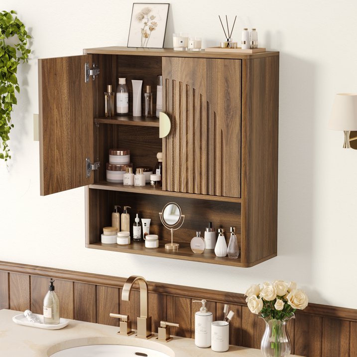 Aufeile Bathroom Wall Cabinet, Modern Medicine Storage Cabinet with Adjustable Shelf for Laundry Room, Living Room, Walnut