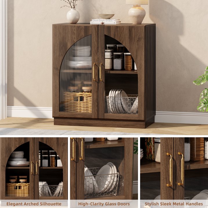 Aufeile Buffet Sideboard Cabinet, Arched Glass Door Storage Accent Cabinet with Adjustable Shelf for Kitchen Dining Living Room, Walnut Set of 2