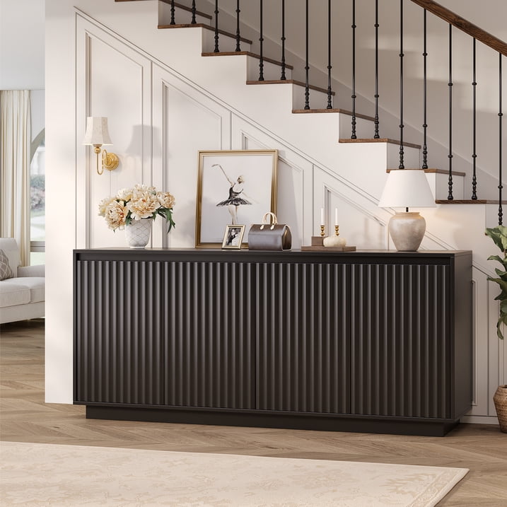 Aufeile 62" Long Sideboard Buffet Cabinet, Fluted Storage Cabinet with Adjustable Shelves for Kitchen Dining Living Room, Black