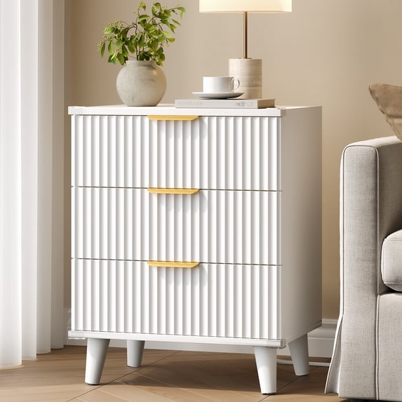 Aufeile Fluted Nightstand for Bedroom with Charging Station, Modern Bedside Table with 3 Drawers, Wood Sofa Side End Table for Bedroom, Living Room, White