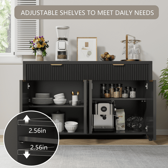 Aufeile Fluted Buffet Cabinet with 2 Drawers, 55L Large Sideboard Credenza with Adjustable Shelf for Dining Room Storage Cabinet, Kitchen Pantry Organizer, Coffee Bar Station, Black