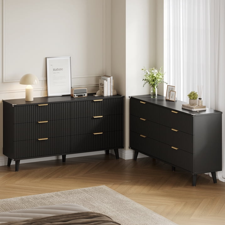 Aufeile 6 Drawer Dresser for Bedroom, 53" Wood Dressers for Bedroom, Modern Fluted Dresser & Bedroom Dresser for Adults, Long Dresser for Bedroom TV Stand, Black