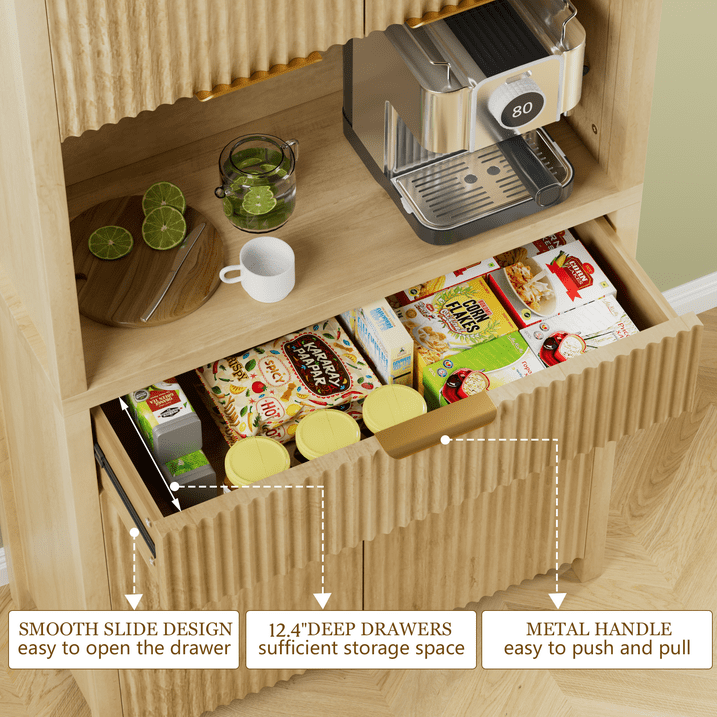 Aufeile 71" Tall Pantry with Drawer and Charging Station, Fluted Pantry Storage Cabinet with Adjustable Shelves for Kitchen Dining Room Living Room, Natural Oak