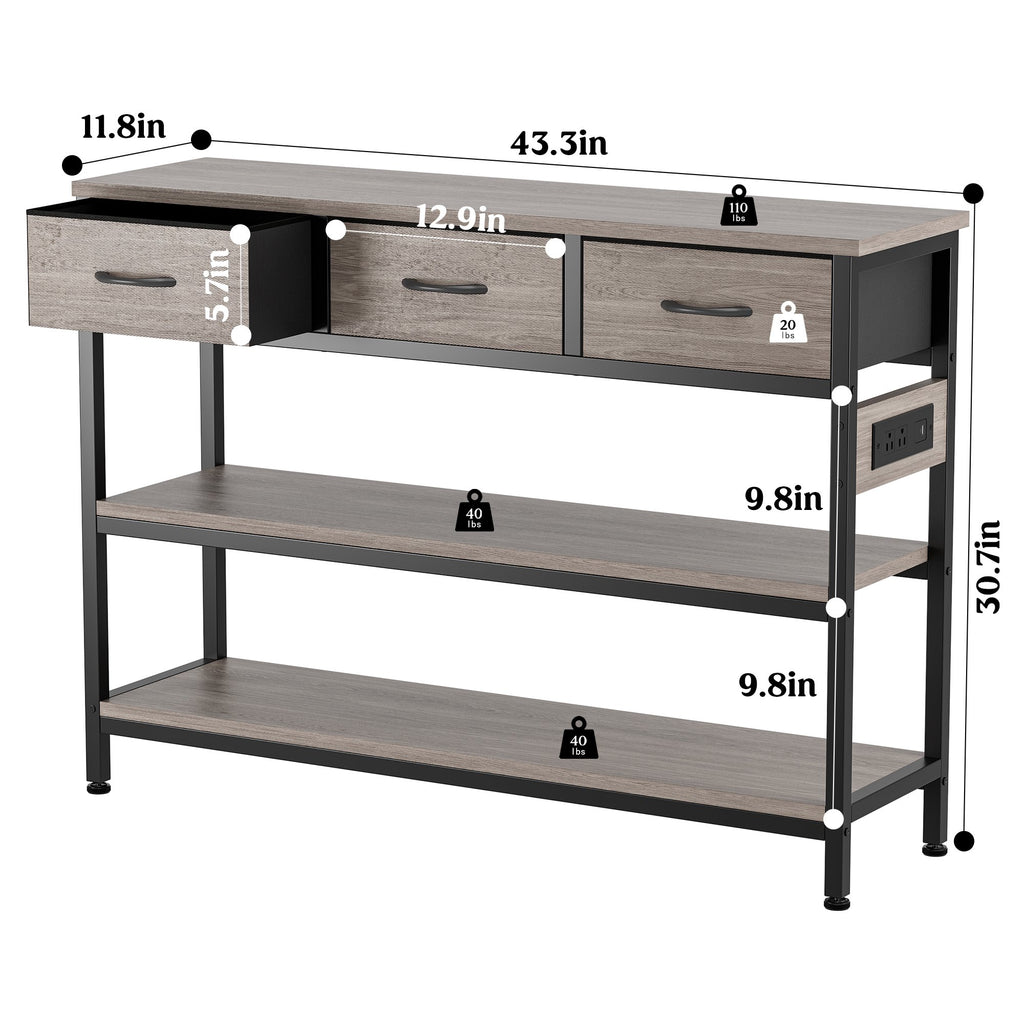 Aufeile 43" Narrow Console Table, Entryway Table with 3 Drawers and Outlets, Fabirc Sofa Table with Open Shelves for Couch, Hallway, Foyer, Living Room, Gray