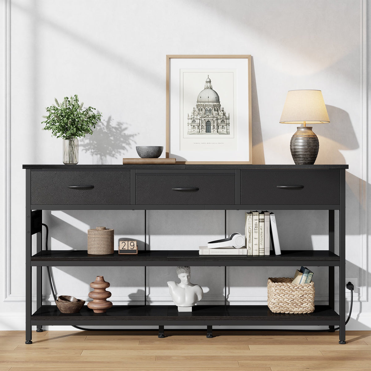 Aufeile 55" Console Table for Entryway, Fabric Sofa Table with 3 Drawers, Outlet and Open Shelves, Entryway Table for Couch, Hallway, Foyer, Living Room, Black