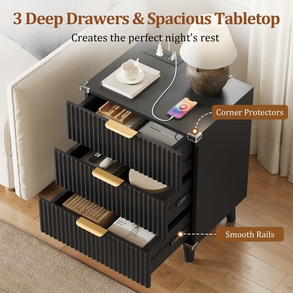 Aufeile Nightstand Set of 2 for Bedroom, Modern Fluted Nightstands with Charging Station, 3 Drawer Wood Bedside Table & End Tables for Bedroom, Living Room, Black