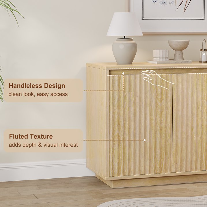 Aufeile 62" Long Sideboard Buffet Cabinet, Fluted Storage Cabinet with Adjustable Shelves for Kitchen Dining Living Room, Natural