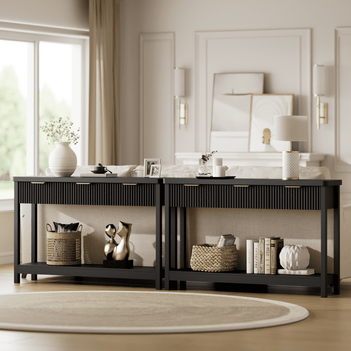 Aufeile 51" Console Table, Fluted Entryway Table with 3 Storage Drawers and Open Shelf, Narrow Sofa Table for Living Room, Hallway, Behind Couch, Black
