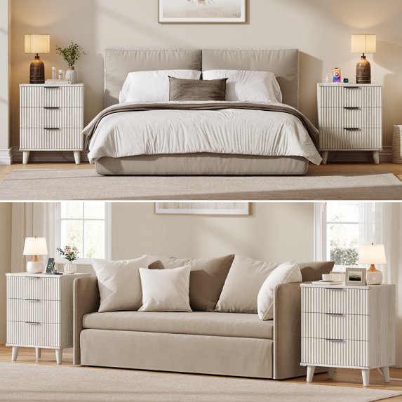 Aufeile Fluted Nightstand for Bedroom with Charging Station, Modern Bedside Table with 3 Drawers, Wood Sofa Side End Table for Bedroom, Living Room, White Oak