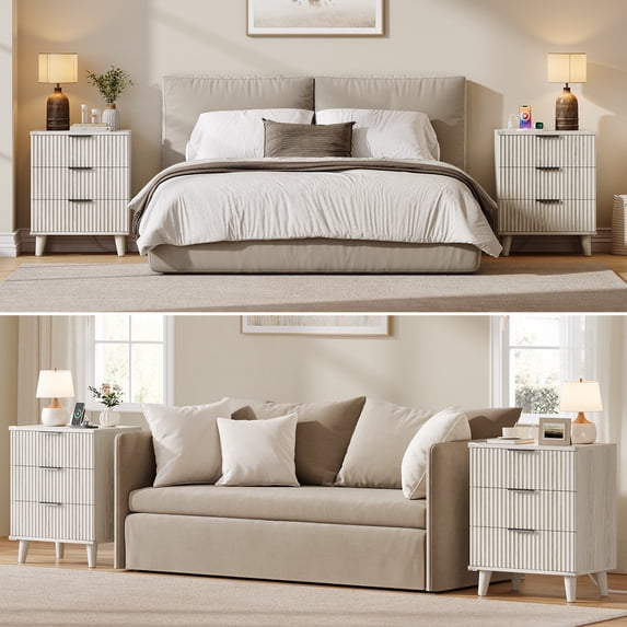 Aufeile Nightstand Set of 2 for Bedroom, Modern Fluted Nightstands with Charging Station, 3 Drawer Wood Bedside Table & End Tables for Bedroom, Living Room, White Oak